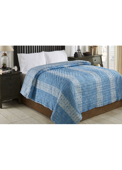 Spiral Blue Hand Block Print Cotton Quilt