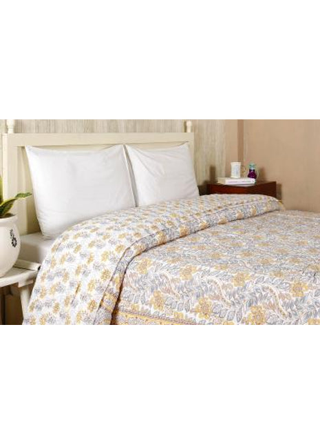 Vaidehi Grey and Yellow Hand Screen Print Cotton Quilt