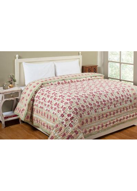 Aradhya Jaal Green and Pink Hand Block Print Cotton Quilt