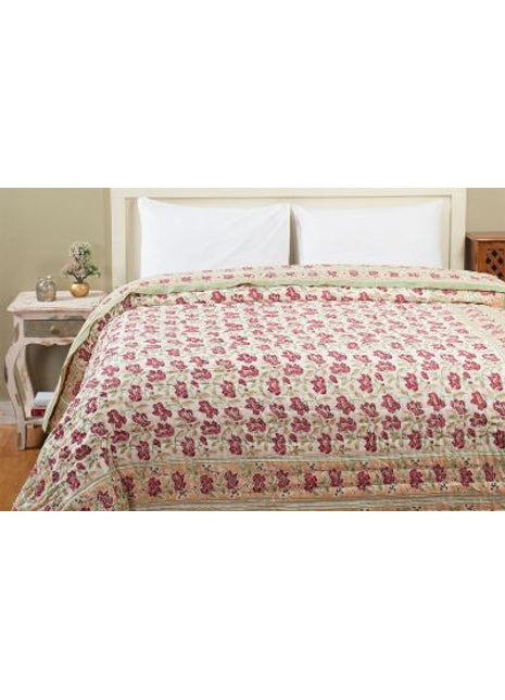 Aradhya Jaal Green and Pink Hand Block Print Cotton Quilt