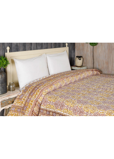 Elegance Beige and Yellow Hand Block Print Cotton Quilt