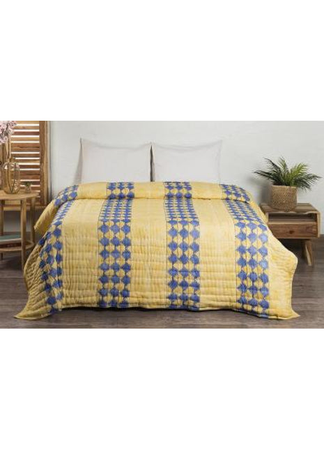 Galicha Beige and Blue Hand Block Print Cotton Quilt