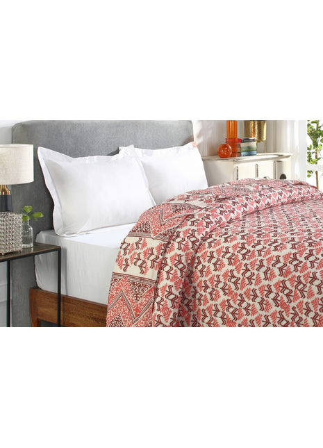 Phulkari Pink and Maroon Hand Block Print Cotton Quilt