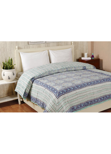 Lusture Aqua and Blue Hand Block Print Cotton Quilt