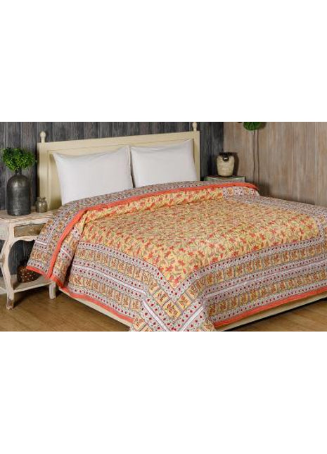 Ravish Jaal Yellow and Pink Hand Block Print Cotton Quilt