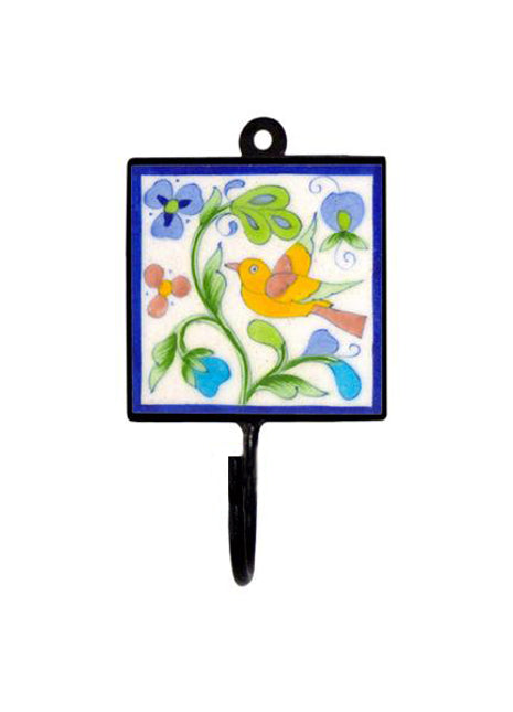 Blue Pottery Square Iron Wall Hook - Pink, Blue, Yellow, Green and Turquoise Bird with Flowers