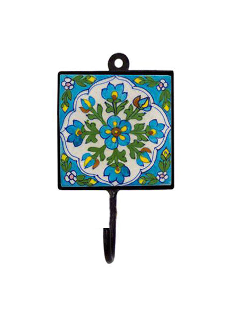 Blue Pottery Square Iron Wall Hook - Turquoise, Pink, Green, Yellow and Blue Flowers