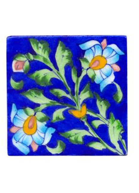 Blue Tile with Blue, Turquoise, Yellow and Pink Flowers and Green Leaves (4x4)