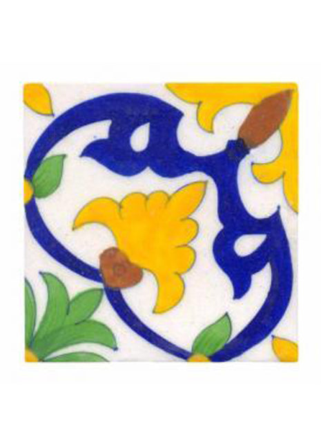 Blue, yellow & green flowers on white tile (4x4-bpt21)