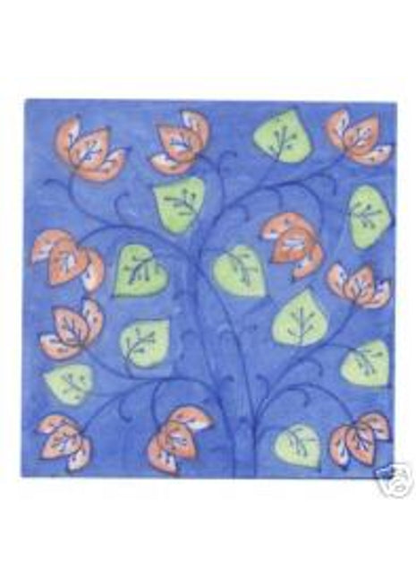Pink and light green leaves and blue branches on purple tile (4x4)
