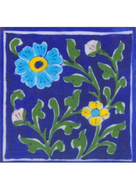 Blue bordered tile with yellow, turquoise flowers& green leaves (4x4)
