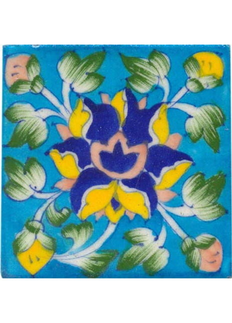 blue, yellow pink and green flower on turquoise flower 4x4