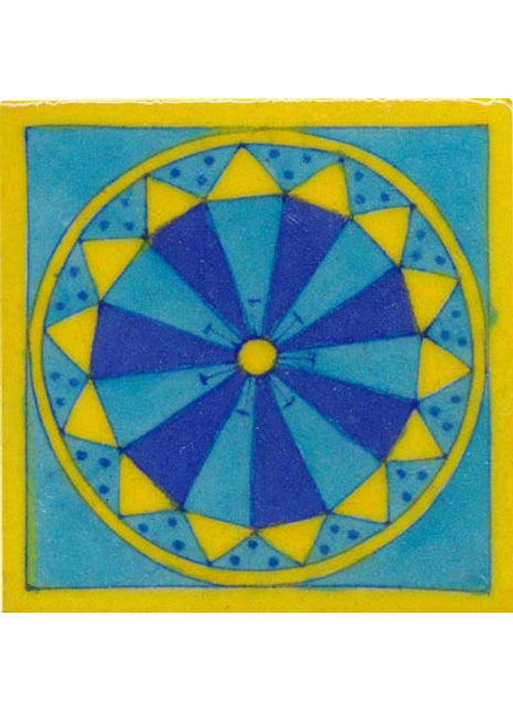 Blue strips in yellow round design on yellow bordered turquoise tile 4x4
