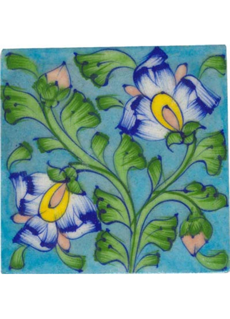 blue flowers with green leaves on turquoise tile 4x4