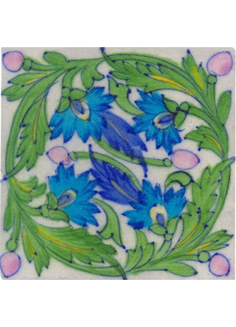 light pink tile painted with blue and green design 4x4
