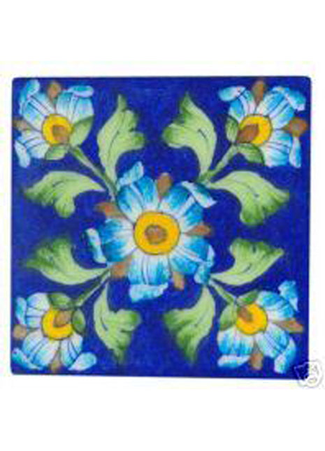 Blue Tile with turquoise flowers and green leaves (4x4)