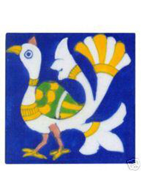 Blue tile with white,yellow & green peacock (4x4)