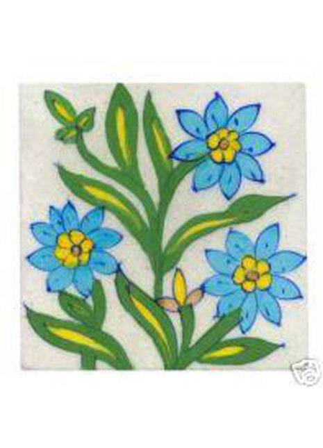 White tile with light blue flowers and green-yellow leaves (4x4-bpt14)