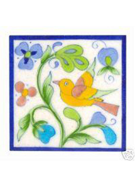 Yellow, pink & green bird with flowers on white tile (4x4)
