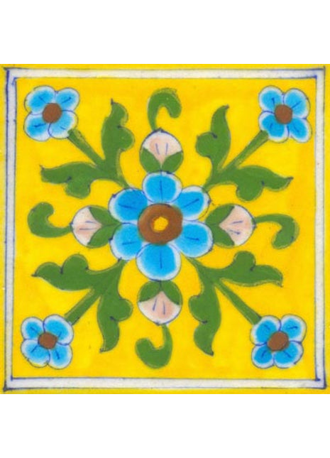 Yellow bordered tile with turquoise, pink flowers and green leaves (4x4)