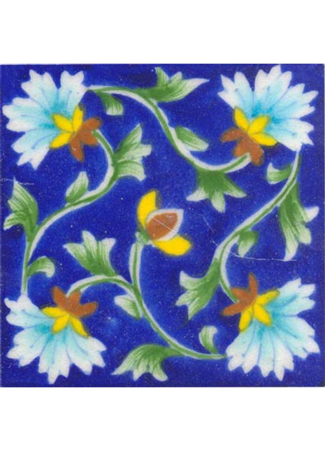 Luxury Kitchen Backsplash Floral Leafy Design Blue Pottery Tile