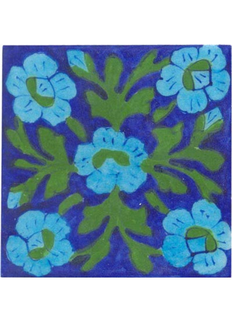 Turquoise and green flower on blue tile 4x4