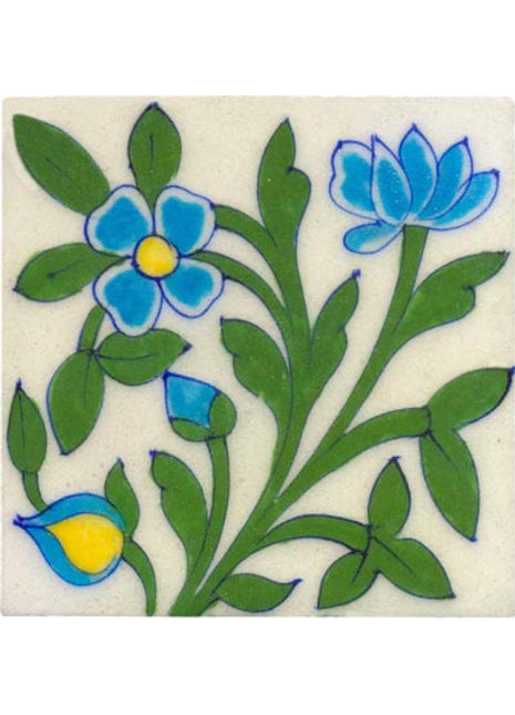 turquoise flower and green tile on white tile 4x4