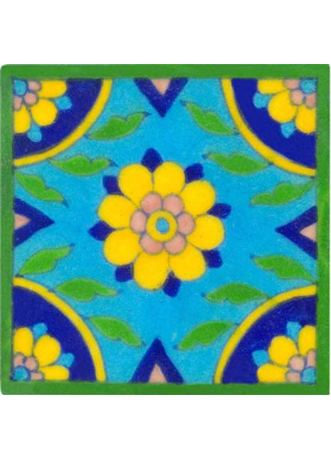 Turquoise tile with yellow and blue center and corner's design 4x4