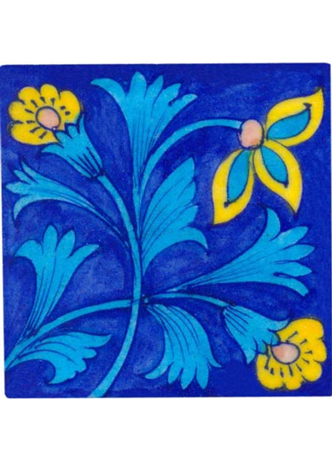 Sky blue leaves with yellow flowers on blue tile 4x4