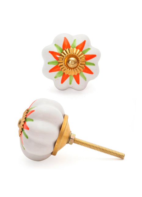 Floral White Ceramic Door Knob With Orange And Green Flower