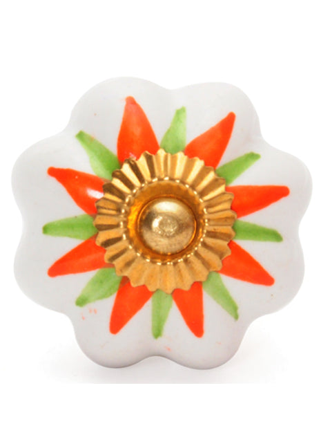 Floral White Ceramic Door Knob With Orange And Green Flower