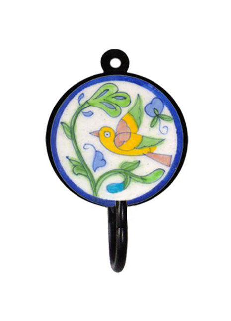 Blue Pottery Round Iron Wall Hook - Pink, Blue, Green and Yellow Bird with Flowers
