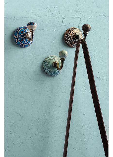 Decorative Teal Embossed Ceramic Round Coat Hook