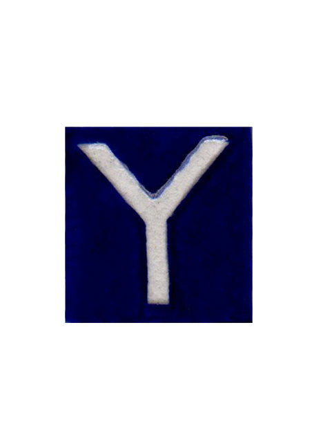White Y alphabet blue tile (2x2)