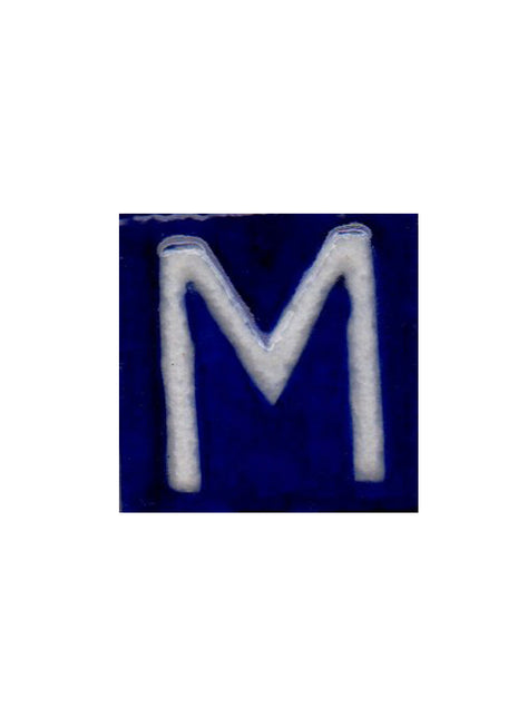 White M alphabet blue tile (2x2)