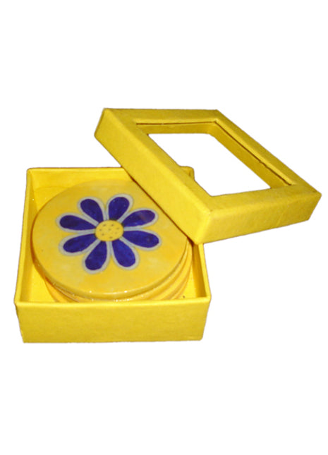 Blue Pottery Coaster Set - Round Yellow Coasters with Blue Flower