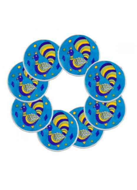 Blue Pottery Coaster Set - Round Turquoise, Blue, Yellow and Green Coasters with Peacock