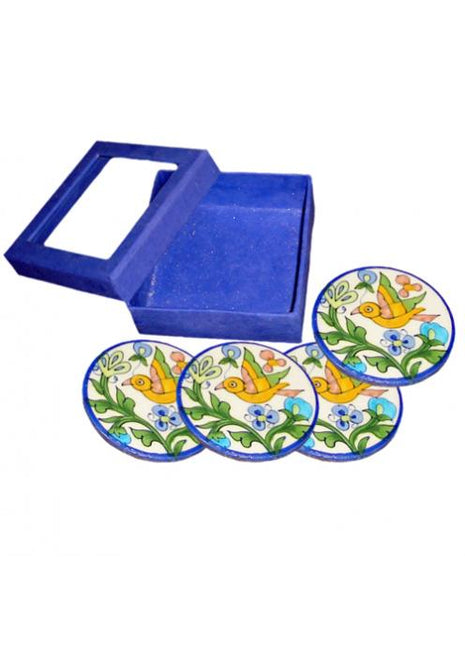 Blue Pottery Coaster Set - Round Pink, Green, Blue, Yellow and Turquoise Coaster with Bird and Flowers