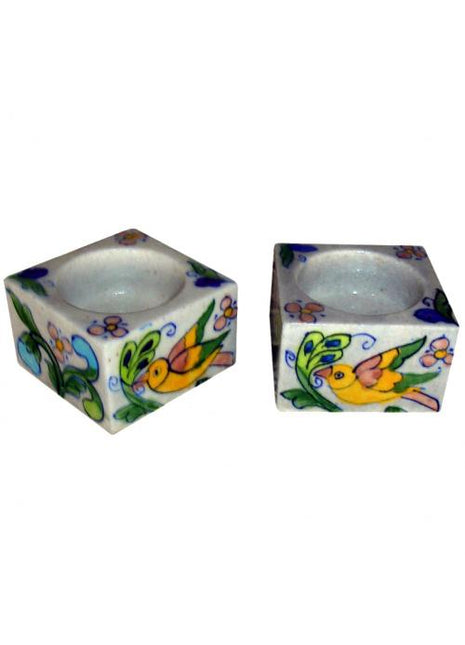 Blue Pottery Candle Holder Set - Pink, Yellow, Green, Blue and Turquoise Bird and Flowers