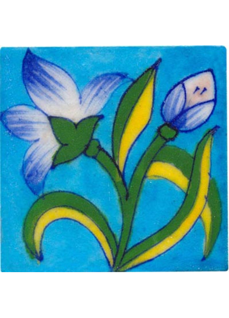 blue & white flower with green and yellow leaves on turquoise tile 3x3