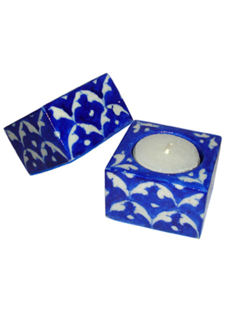 Blue Pottery Candle Holder Set - Blue and White Design