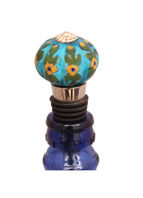 Turquoise Base With Yellow Flower Ceramic Wine Bottle Stopper (Set of Two)