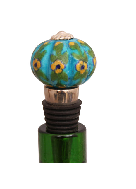 Turquoise Base With Yellow Flower Ceramic Wine Bottle Stopper (Set of Two)