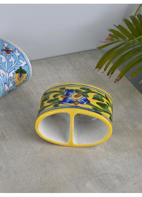 Blue Flower with Green Leaves On Yellow Base Color Tooth Paste Holder