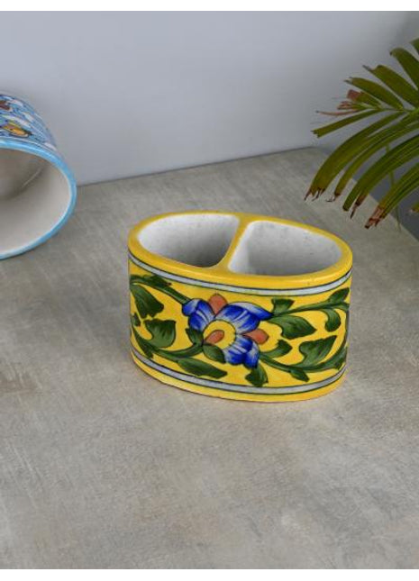 Blue Flower with Green Leaves On Yellow Base Color Tooth Paste Holder