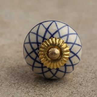 BPCK-038 Blue Geometric on a White Ceramic Knob-Brass