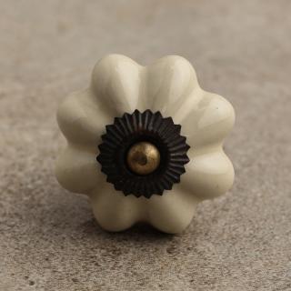 BPCK-043 Cream Colored Flower Cabinet Knob Antique Brass
