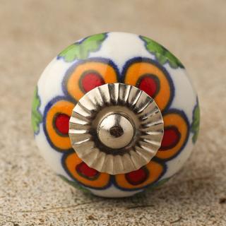 Orange and Red flower and Green leaf with white base ceramic Door knob- Silver