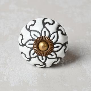 Black Flower and Leaf On White Base Ceramic Knob