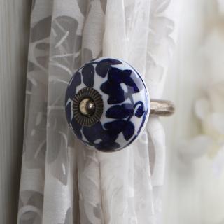 Curtain Tie Backs Hook Decorative Wall Hook-Blue Flower (Set of Two)
